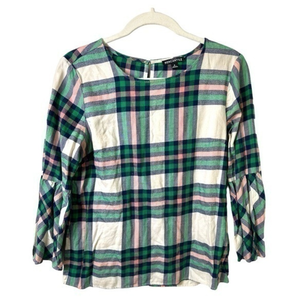 J Crew Shirt Womens S 4 Flannel Flared Sleeve Plaid Peasant Blouse Green Pink